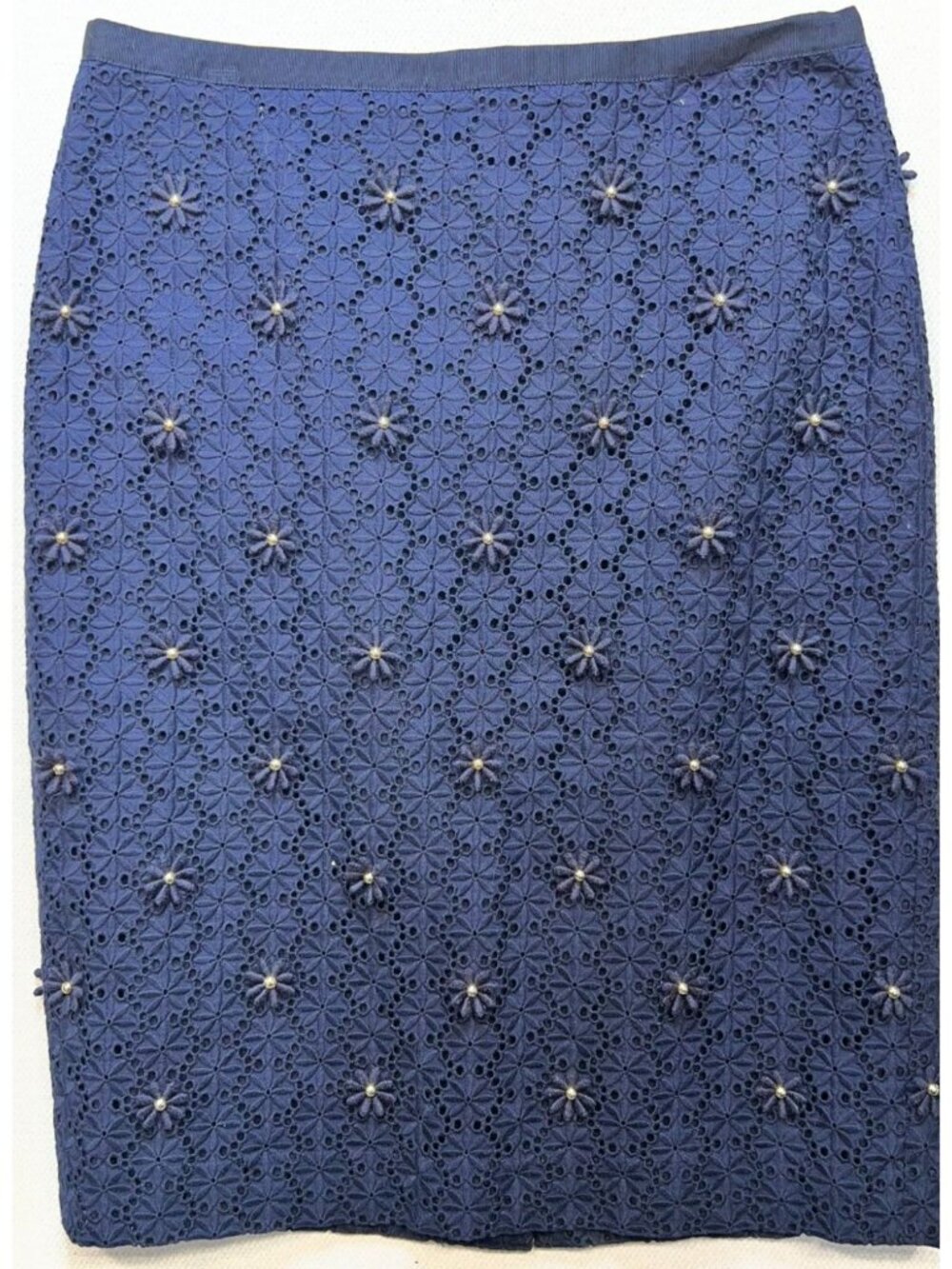 Talbots Women's Beaded Flower Eyelet Pencil Skirt Size 2 Navy Blue Zipper Back
